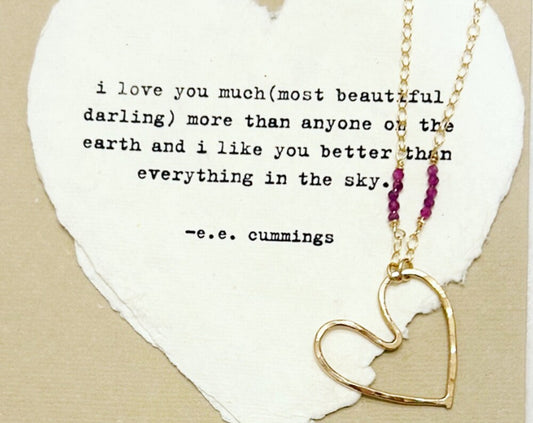 Dainty Hand Forged Gold Heart Necklace With Rubies